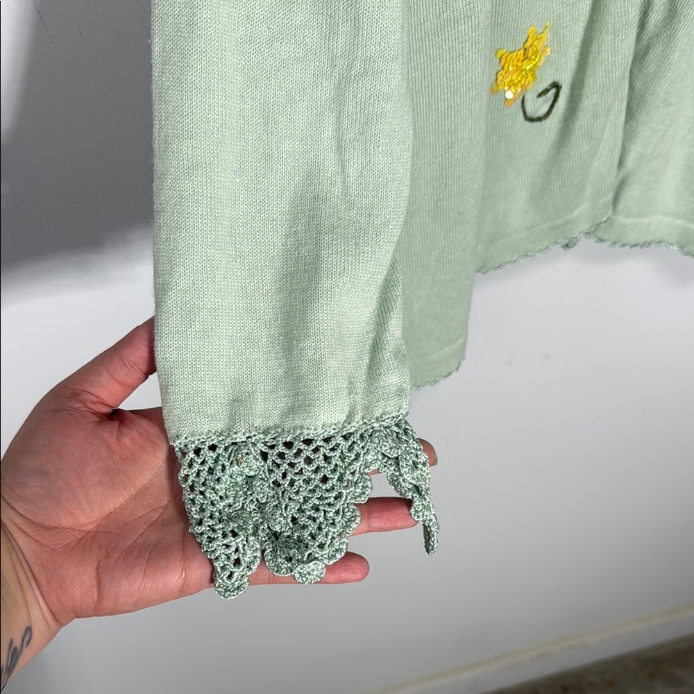 Storybook Knits Pastel Green Cardigan Floral Embroidery Sequins Plus Size 3X - Picture 2 of 12